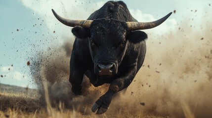 low angle view of black bull charging