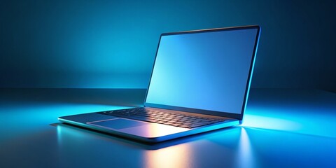 Laptop Computer on a Blue Surface with Blank Screen, Technology, Digital Device, Laptop