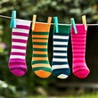 © Photo18@desing - Close-up of colorful striped socks hanging from a clothesline, celebrating National Sock Day