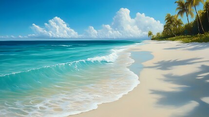 Wall Mural - tranquil beach scene with turquoise waters gently lapping at white sandy shores, palm trees swaying 