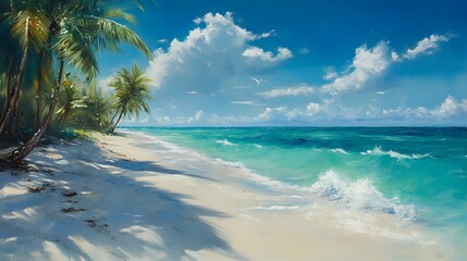 Wall Mural - tranquil beach scene with turquoise waters gently lapping at white sandy shores, palm trees swaying 