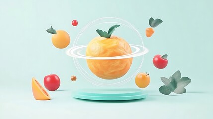 Sticker - 3D Render of a Floating Orange with Leaves and Other Fruits on a Blue Background.