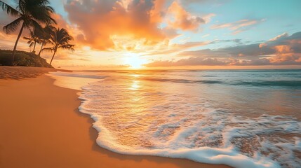 Wall Mural - tropical beach at sunset with golden sand, vibrant orange and pink skies, and the gentle sound of wa