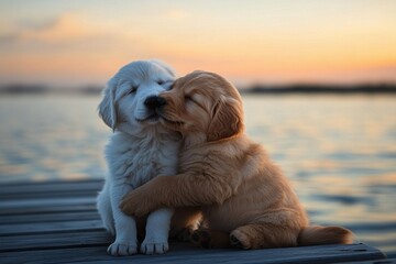 Canvas Print - Two adorable puppies cuddle on a dock as the sun sets over the water in a tranquil evening setting