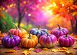 © sanom - Lively fall background featuring vibrant purple, pink, and orange watercolor pumpkins. Perfect for your text, creating a cheerful seasonal vibe for any occasion.