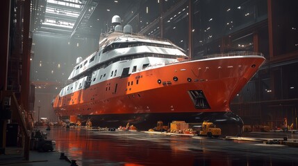 Large ship in a well-lit industrial shipyard.