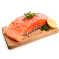 Raw salmon fillet on a wooden plate isolated white background