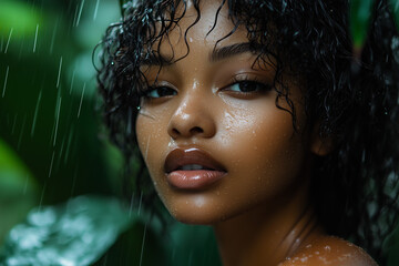 Wall Mural - Beautiful black African American woman posing in rainforest among tropical leaves background. Pure perfect soft skin natural care concept.