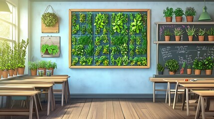 Canvas Print - Green Living Room Interior with Wooden Tables and Plants.