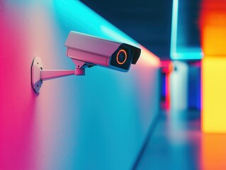 A vibrant security camera captures a modern hallway, illuminated by colorful LED lights, highlighting a blend of technology and artistry.