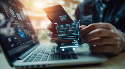 A person using a smartphone to shop online with a shopping cart icon hovering over the screen.