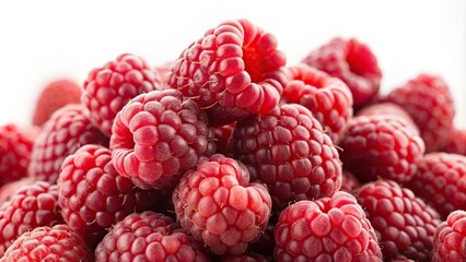 Wall Mural - Close-up view of ripe raspberries on a white background High Angle