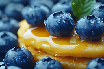 A close-up of fluffy pancakes topped with fresh blueberries and a drizzle of syrup, glistening with moisture, showcasing a delicious breakfast treat.