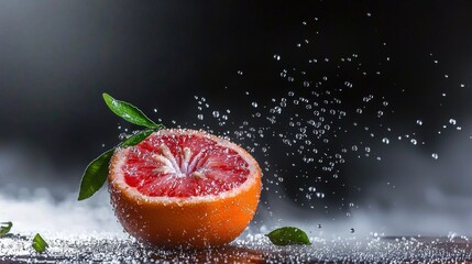 Half an orange with green leaves, sprinkled with sugar and water droplets on a dark background Created with Generative AI.