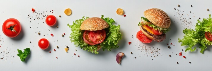 Poster - A variety of burger ingredients are thoughtfully arranged with fresh lettuce, tomatoes, cheese, and meat, showcasing a vibrant meal prep. Generative AI