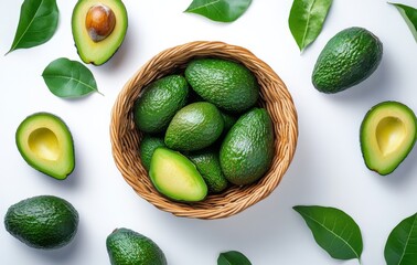 Sticker - Fresh avocados in a basket surrounded by green leaves on a light surface in daylight