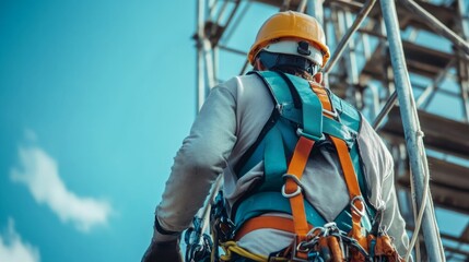 Safety first a construction worker preparing to climb a scaffolding structure for elevated work tasks