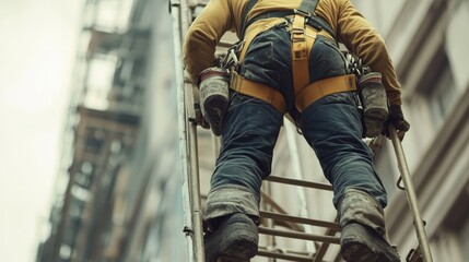 A construction worker ascends a ladder capturing the essence of industry and hard work in urban settings