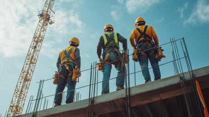 Three construction workers overseeing a building site with a crane in the background under a blue sky