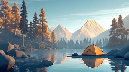 Poster - Camping by a tranquil lake with majestic mountain views.