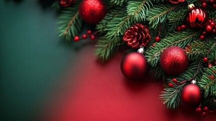 Festive christmas decorations with red ornaments and pine branches for a joyful holiday atmosphere