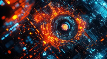 Aufkleber - Abstract glowing futuristic digital circuit board with glowing orange and blue lights.