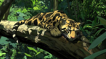 Poster - Clouded Leopard Resting on a Branch in the Jungle.