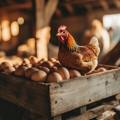 Captivating scene of a hen nesting among fresh eggs in a rustic farm setting