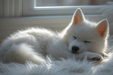 A sleepy white dog curled up on a soft surface, basking in natural light by a window, exuding tranquility and coziness.