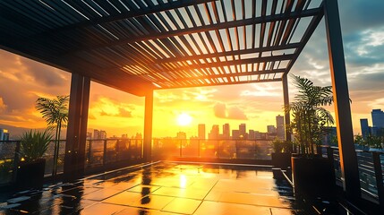 Canvas Print - Rooftop Terrace with City Skyline Sunset.