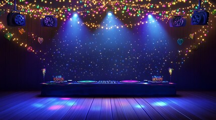 DJ Stage with Colorful Lights and Confetti.