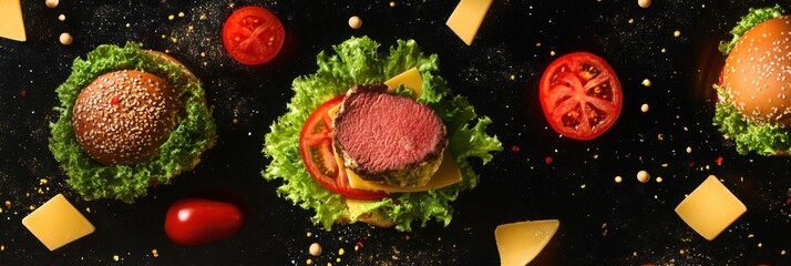 Poster - Vibrant burger components including lettuce, tomatoes, cheese, and meat are beautifully arranged on a dark textured surface. Generative AI