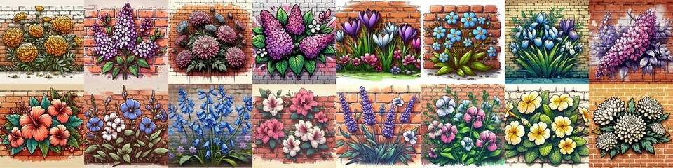 Poster - Flowers painted on the bricks wall. AI generated illustration