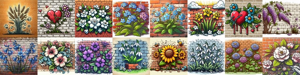 Canvas Print - Flowers painted on the bricks wall. AI generated illustration