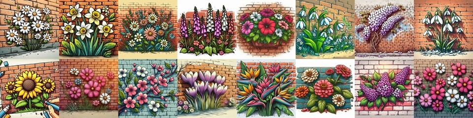 Poster - Flowers painted on the bricks wall. AI generated illustration