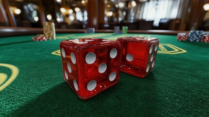 Two transparent red dice displaying a six are placed on a green felt table, with additional gambling items blurred in the background