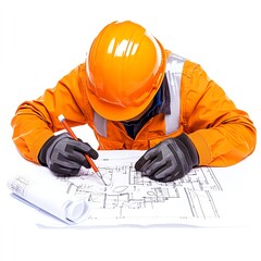 Construction worker reviewing blueprints.