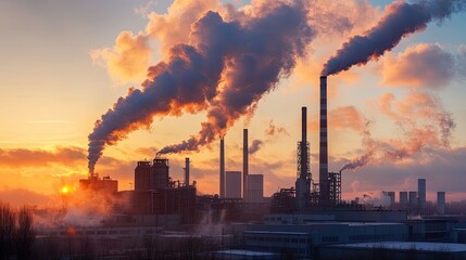 A striking industrial landscape at sunset, showcasing smokestacks emitting thick clouds of smoke against a colorful sky.