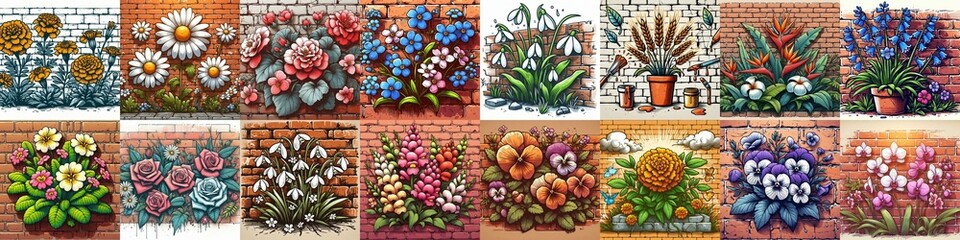 Canvas Print - Flowers painted on the bricks wall. AI generated illustration