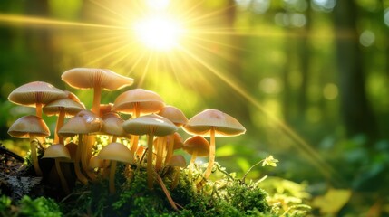 Wall Mural - Mushrooms growing in a clearing, with the sunlight shining down through the forest canopy, illuminating their caps.