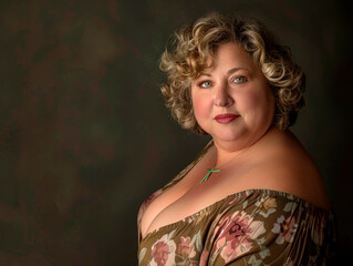 Sixty-year-old plus-size woman with curvy body and big breasts dressed in a floral dress in a sensual pose on a neutral background