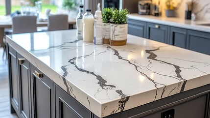 Closeup of a white quartz kitchen island countertop with gray veining, a plant and two bottles of milk.