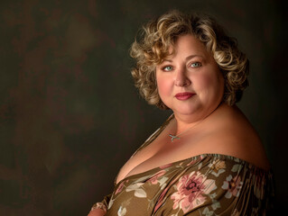 Sixty-year-old plus-size woman with curvy body and big breasts dressed in a floral dress in a sensual pose on a neutral background