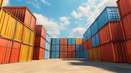 Wall Mural - Stacked shipping containers creating a passageway under a blue sky with clouds.