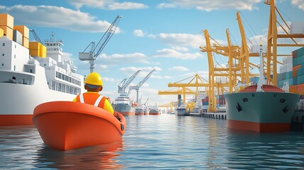 Wall Mural - Cargo Ship Worker in a Lifeboat at the Harbor.