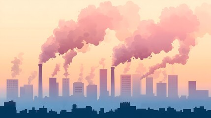 Sticker - City Skyline with Smoke Pollution and a Pink Sky.