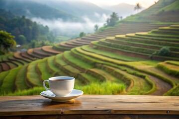 Wall Mural - Coffee cup stand by for breakfast in front of Terraced rice field with fog in the air Minimalist