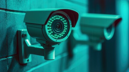 The image features two surveillance cameras mounted on a wall, illuminated with a teal light, emphasizing a security setting.