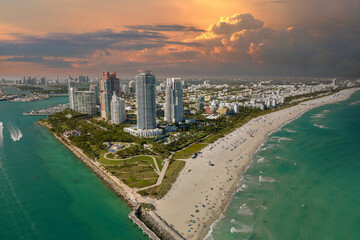 Wall Mural - USA travel destination. South Beach high luxurious hotels and apartment buildings. American southern seashore of Miami Beach city. Tourist infrastructure in Florida