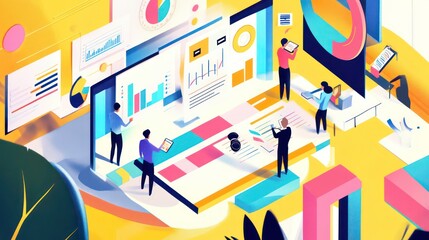 Fototapete - A team of diverse people working together on a large digital screen, analyzing data, charts and graphs.
